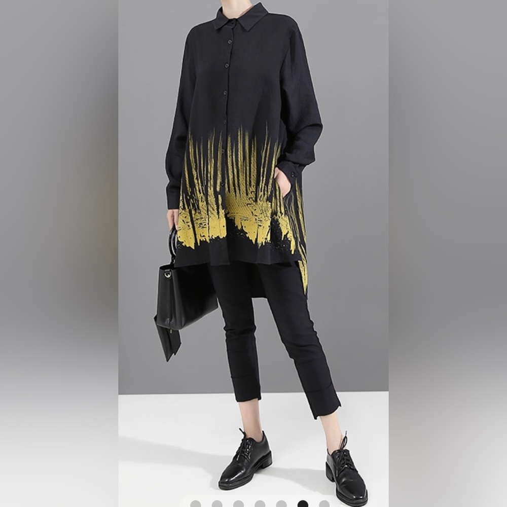 Stella Marina Collezione Long Sleeve Black Shirt Blouse Tie-dyed Print Sz; L